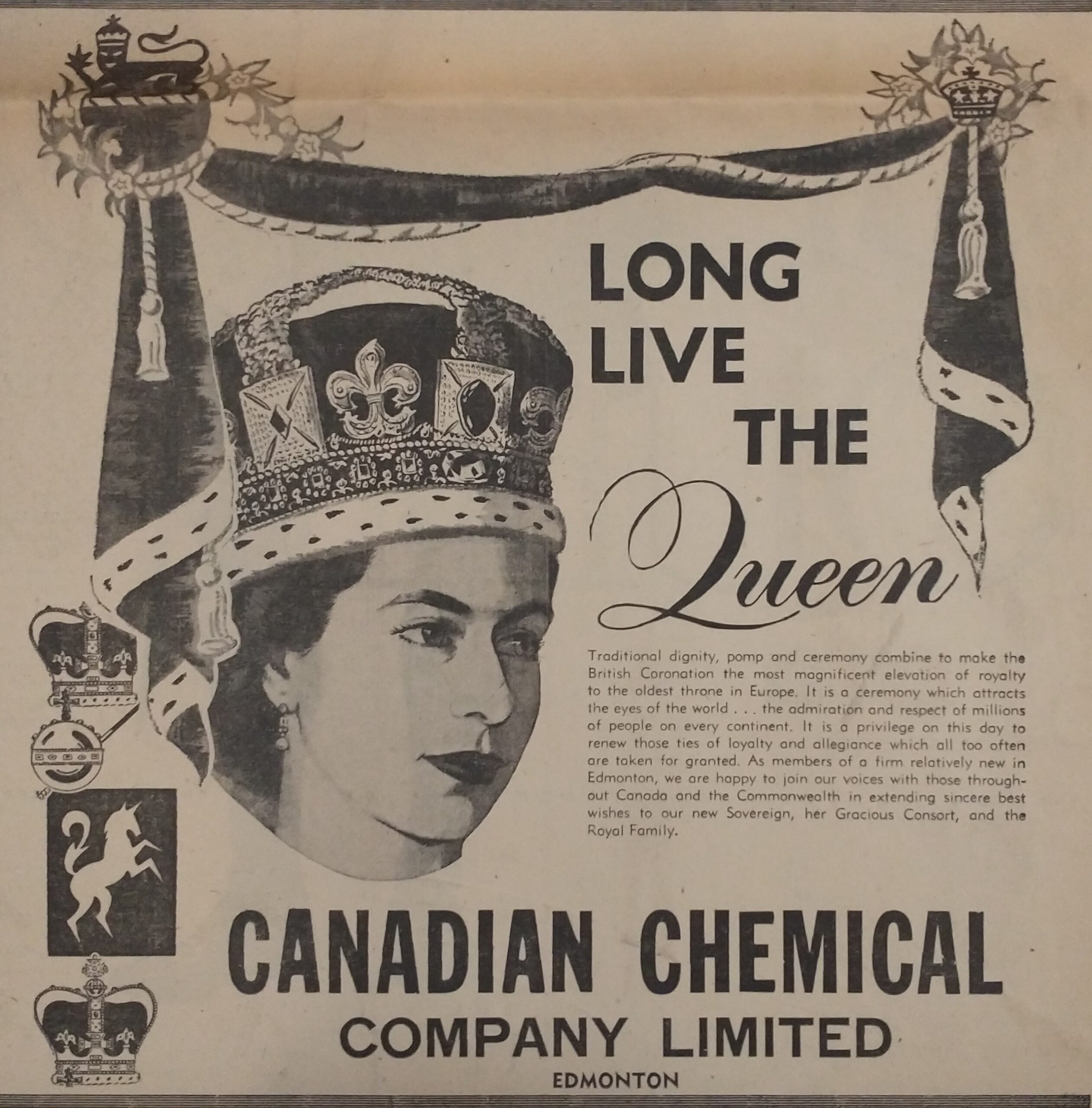 La Canadian Chemical Company félicite la nouvelle Reine dans une énorme publicité.