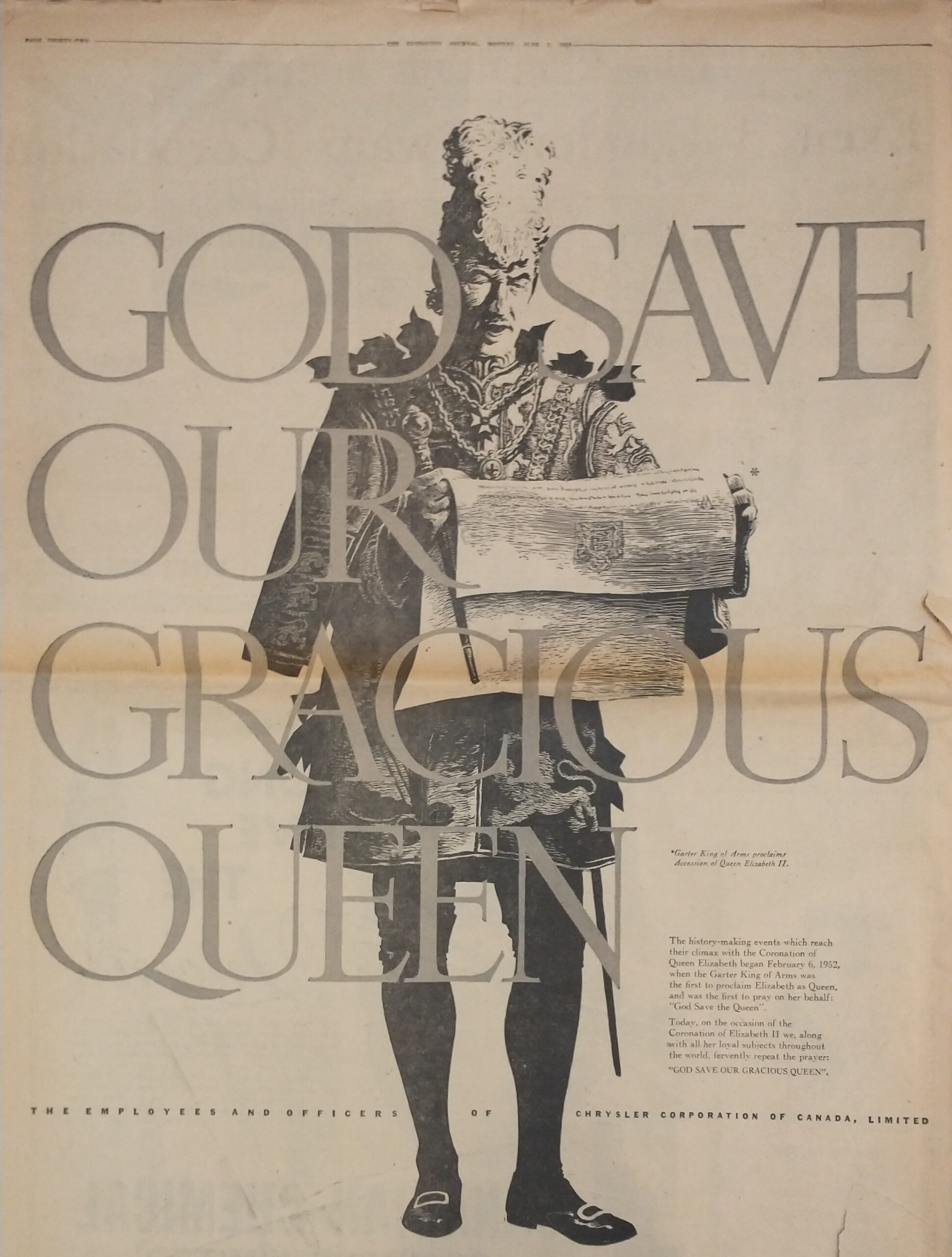 Une illustration pleine page montre le Roi d'Armes de l'époque annoncer la proclamation officielle de la Reine. La publicité est payée par Chrysler Canada.