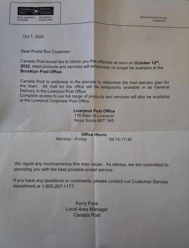 A black and white letter from Canada Post indicating the post office outlet will be closing