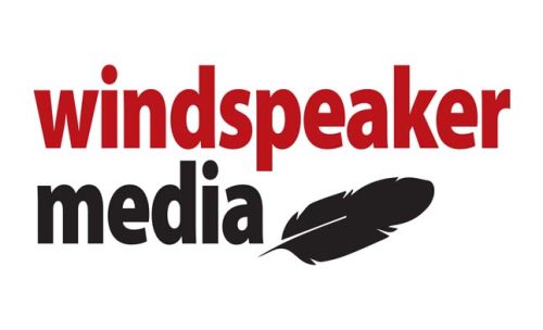 A black and red logo that reads "windspeaker media" with a black feather