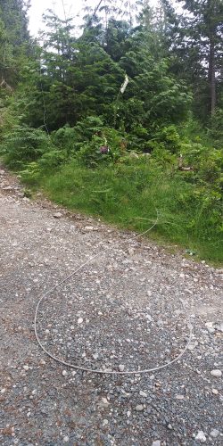 A BC Hydro line is broken, coiled from a gravel road into the sky.