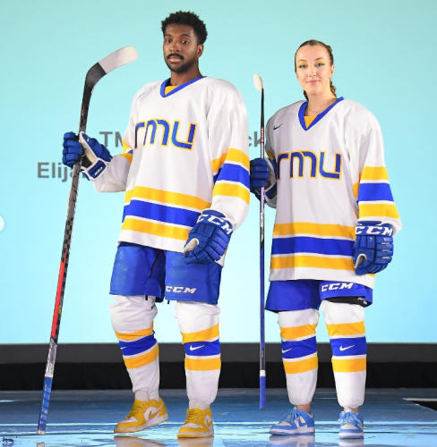 Two people in hockey gear. Their jerseys are white with gold and blue trimmings.