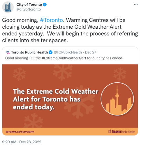 Black and white text on a white and brown backgrounds. There are images of snow flakes and buildings around.