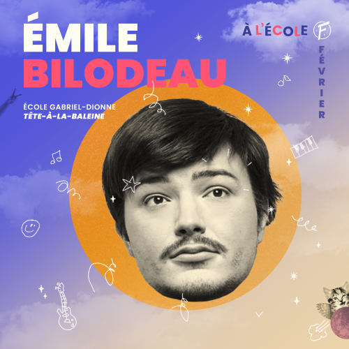 Une affiche comportant les informations relatives au spectacle annoncé et présentant le visage d'Émile Bilodeau.