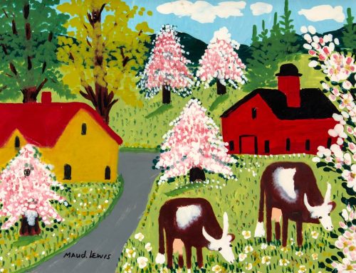 Une peinture démontrant des maisons, des arbres et des vaches.