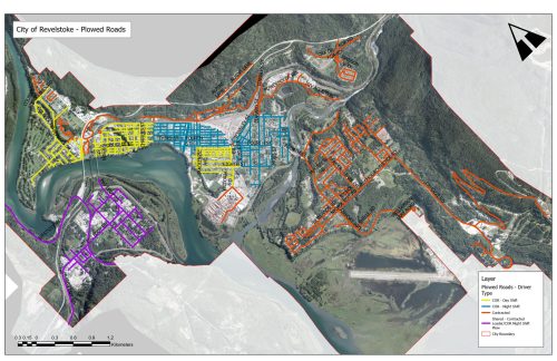 A map of the city of Revelstoke with different colours on roads to show where crews clear snow.