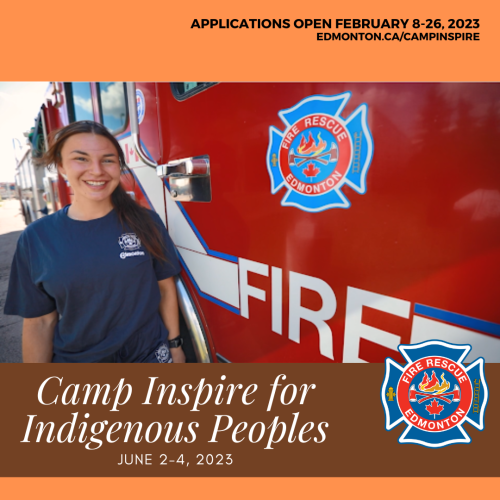 A poster promoting "Camp Inspire for Indigenous Peoples", with a girl standing in front of a firetruck. Weather seems clear.