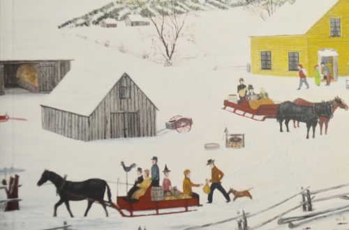 Une peinture démontrant une scène d'hiver avec des chevaux et des traineaux.