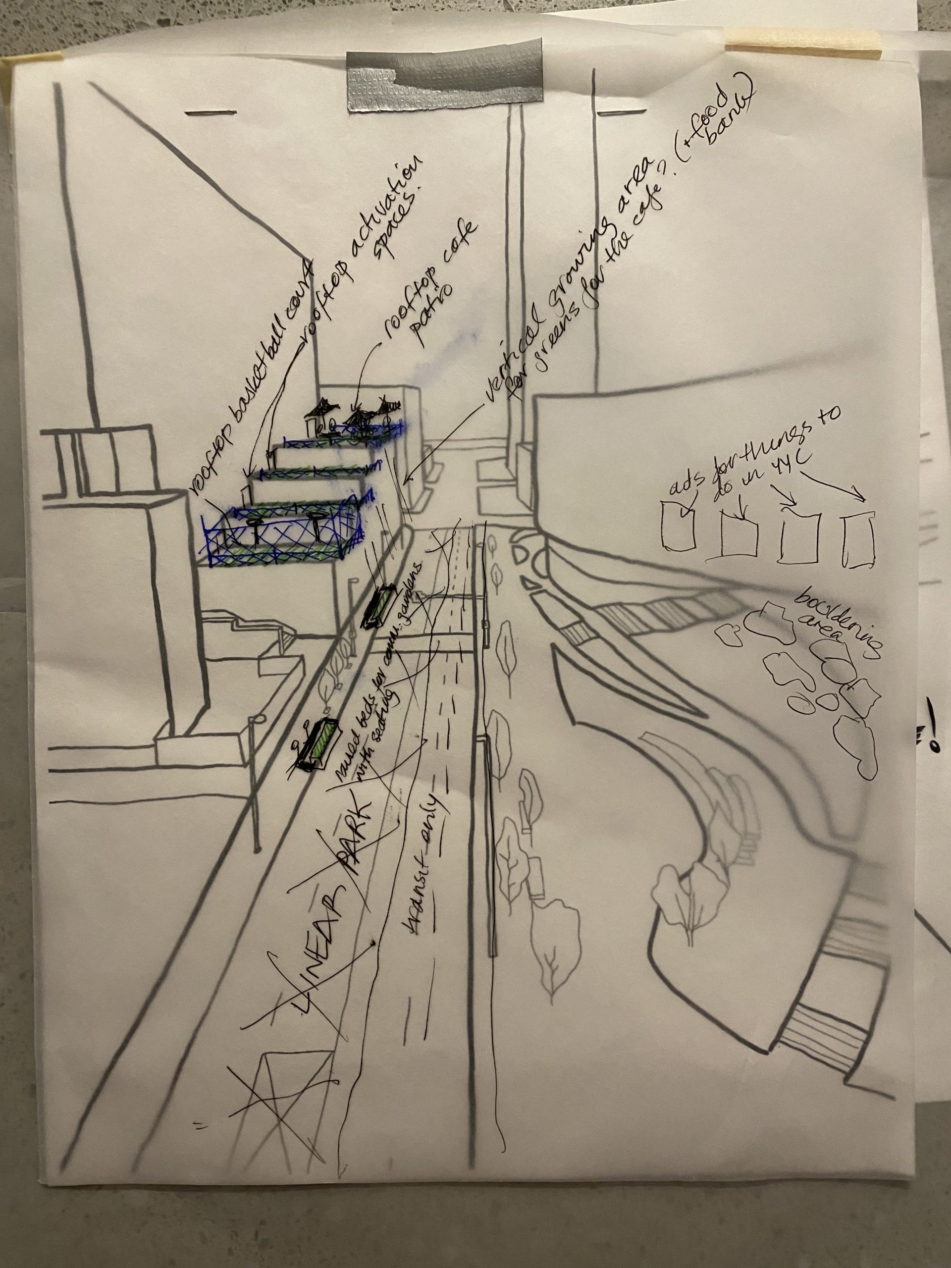 A piece of paper showing a mock blueprint of a reimagined neighborhood, showing what Sketch Mob is trying to accomplish.