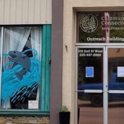 Window on a street front reads Community Connections Revelstoke Society. To the left is a mural of a fish in blue water.