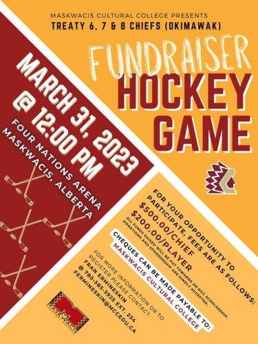 A poster for the fundraiser hockey game, outlying the times of the game, whose participating, registration details, etc.
