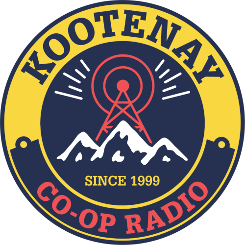 A yellow, red, navy and white logo for Kootenay Co-op Radio shows a radio tower in the middle of a circle with mountains in the background.
