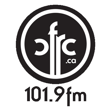 A black and white logo that reads "CFRC 101.9 FM"