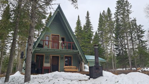 Chalet de forme triangulaire entouré de conifères au mois d'avril