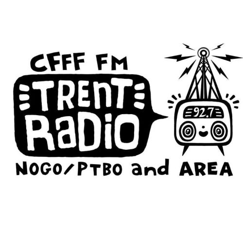 A black and white logo that reads "CFFF FM Trent Radio NOGO/PTBO and Area." There is a word blurb next to a radio and station antenna.