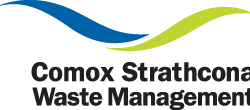 A logo with wavy blue and green lines and black letters announces the Comox Strathcona Waste Management service. 