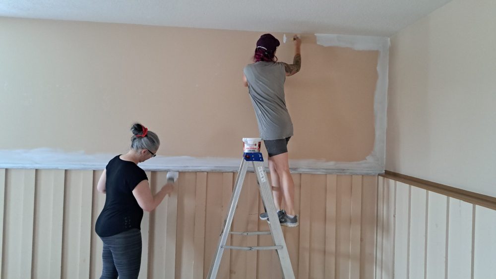 Une femme dans un escabeau peinture un mûr en blanc à côté d'une femme debout qui peinture le même mur.