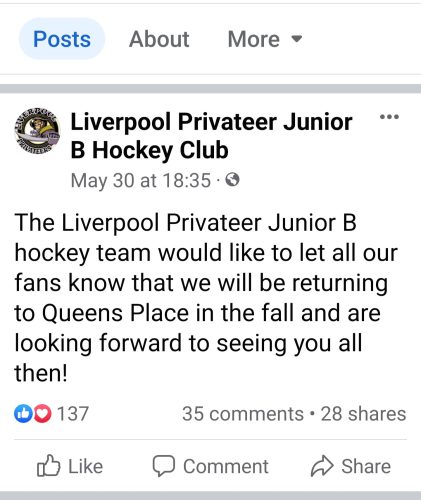 Screenshot of Facebook announcement by Liverpool Privateers Hockey Club