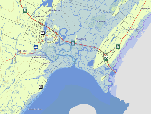 A map of the area from Sackville to the NS border, showing a large area of light blue shading covering parts of towns and much of the land surrounding tidal rivers.