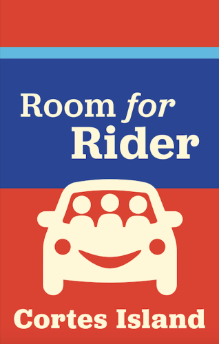 A red and blue graphic with a white vehicle that reads “Room for Rider”.