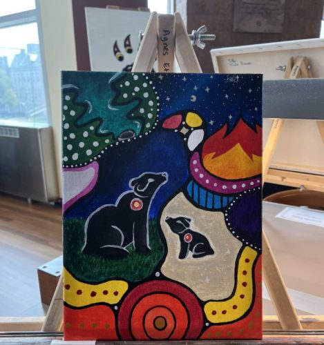 A colourful painting with two bears being the centerpeice, a mother bear and her cub. There is a starry sky above the bears, and the sun is below them.
