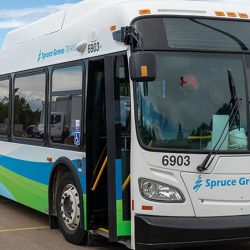 A file photo of a bus from Spruce Grove Transit. Weather is clear.