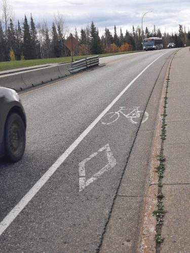 Looking down at roadway pavement on University Drive, a bicycle symbol is painted on the road margin. The back wheel of the bicycle image is partially painted into the rain gutter. This indicates a narow bike lane.