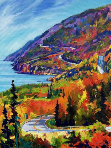 Une peinture démontrant une route à travers les montagnes.
