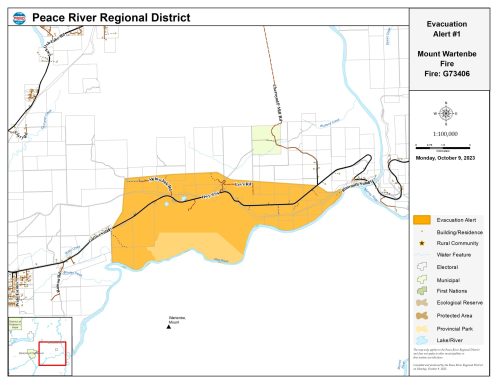 A drawn grid map displays an evacuation alert area in yellow along highway 97 near Chetwynd BC