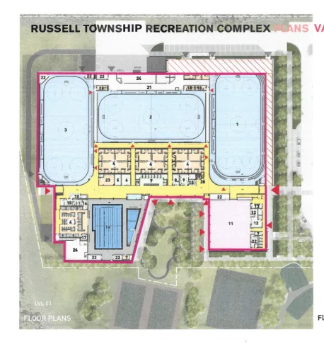 A diagram shows the layout of the proposed recreation centre in Russell Township. It shows three ice sheets, a large swimming pool, common areas, and a community centre. Image courtesy Russell Township