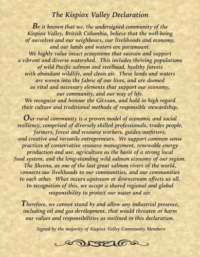 a letter of declaration by the Kispiox Valley Community Members saying "no" to pipelines and fossil fuels industry.