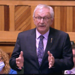 Le premier ministre du Nouveau-Brunswick, Blaine Higgs, à l'assemblée législative, vêtu d'un habit noir et d'une cravate bleu devant des membres de son parti politique