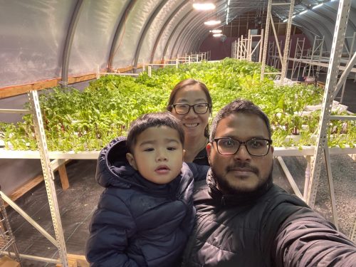 A man, woman and young child pose in a greenhouse with young green plants growing behind them.