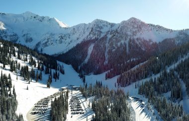 An aerial shot of Whitewater Ski Resort near Nelson