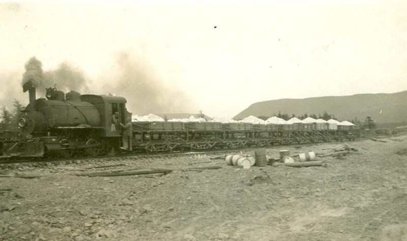Un train transportant une cargaison de plâtre.