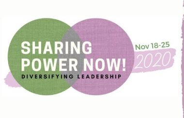 Two overlapping circles green and purple) with text over top that reads Sharing Power Now! Diversifying Leadership. Inspiring Women Among Us 2020.