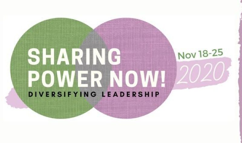 Two overlapping circles green and purple) with text over top that reads Sharing Power Now! Diversifying Leadership. Inspiring Women Among Us 2020.