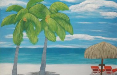 Une peinture démontrant une plage, des arbres la mer et le ciel.