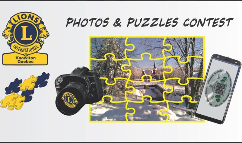 The advertisement for the photos and puzzles contest. There is the logo of the Knowlton Lions in the top left corner. There is a puzzle in the middle with a camera to its left and a phone on the right.