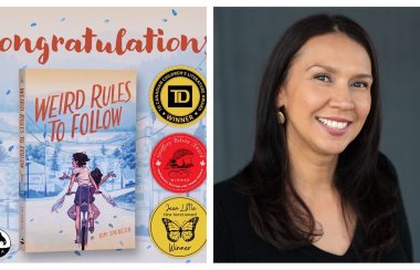 Two pictures are side by side: book cover of Weird Rules to Follow and a headshot of the author Kim Spencer