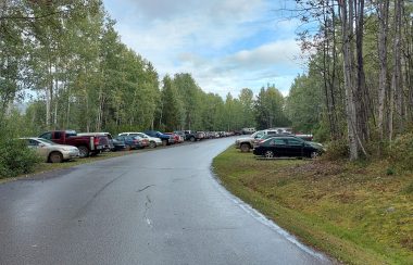 A packed parking lot a the Tyee Lake pavilion in northern BC