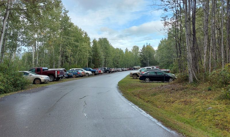 A packed parking lot a the Tyee Lake pavilion in northern BC