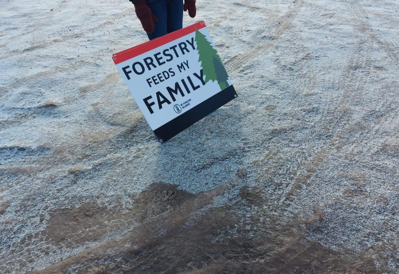 A sign rests against the legs of a protester that reads 'Forestry Feeds My Family'