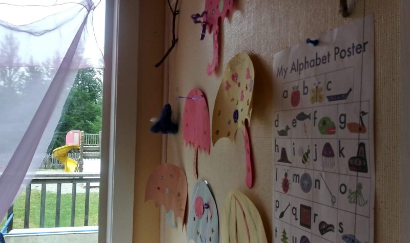 An alphabet poster is accompanied by paper umbrella art on the wall. In the background, a window reveals a playground outside.