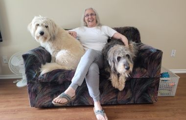 Woman sitting on a couch with a dog on either side.