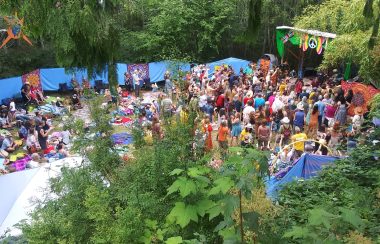 A couple hundred hippies crowd an outdoor stage surrounded by massive bamboo and a coniferous forest.