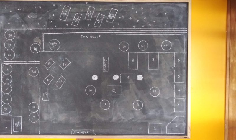 A chalkboard displays the Hollyhock Lodge seating layout containing 42 tables.
