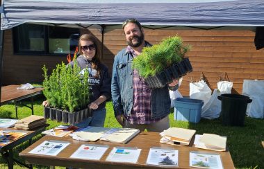 A woman and a man stand in front of a table holding trays of tree seedlings.
