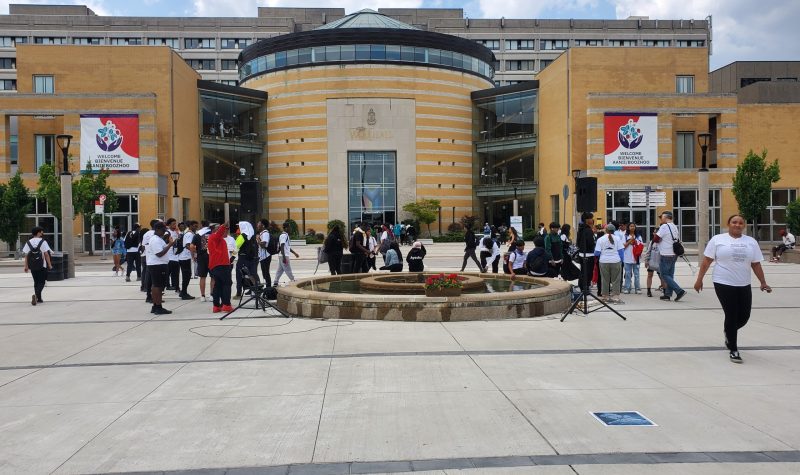 A scattered group of students outside of York University