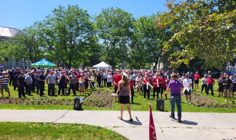 A large group of people gather in a field on Queen's campus. There are many large green trees surrounding the area behind the crowd. There are a few tents for shade and it is a sunny day with blue skies.